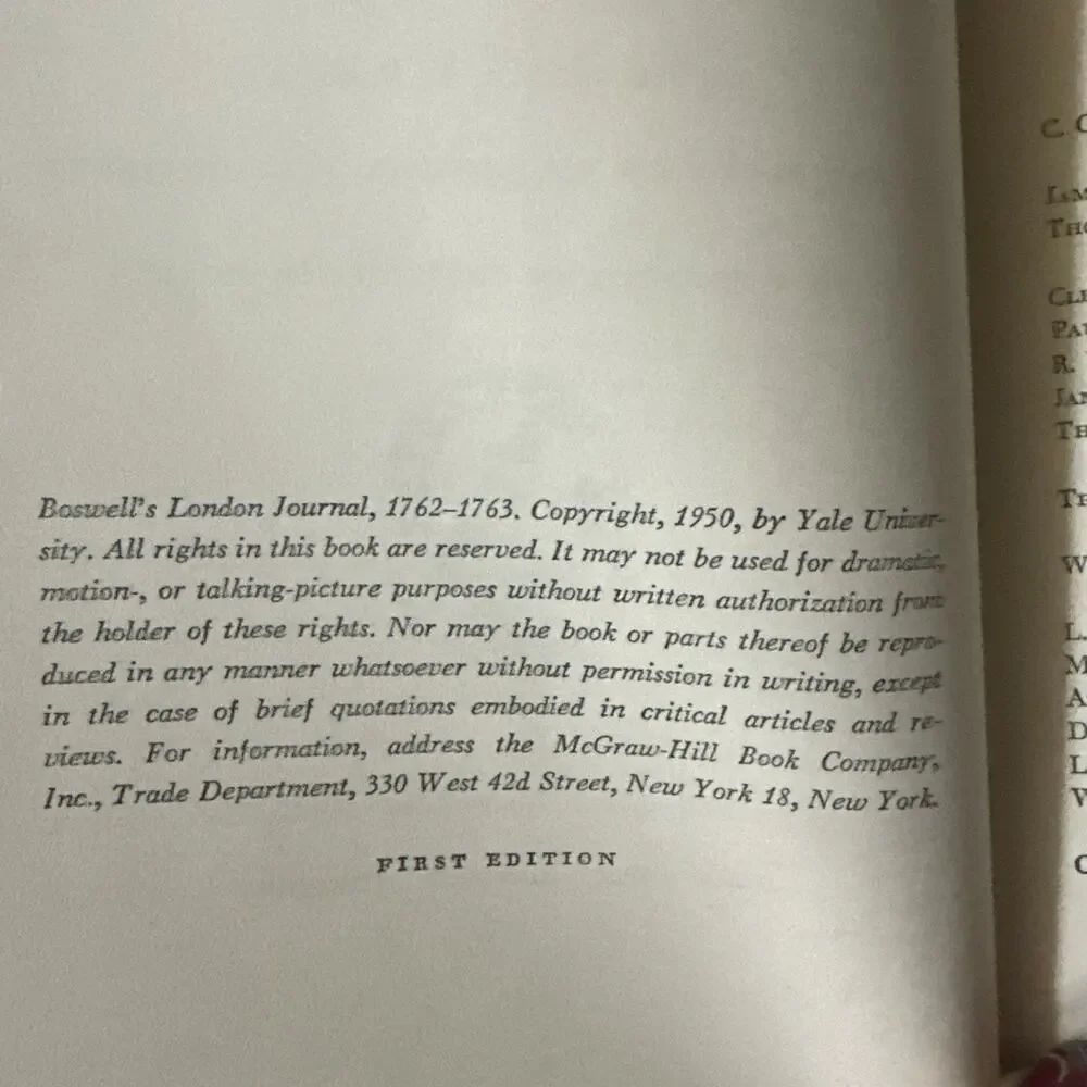 Boswells‎ LONDON JOURNAL 1762-1763 Hardcover 1950 Rare 1st Edition